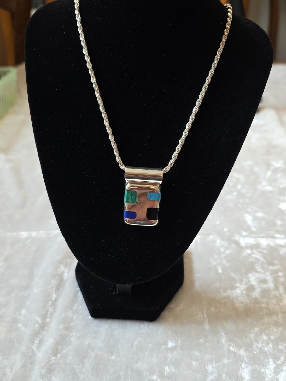 Vintage Mexico Sterling Southwest Pendant Necklace with Blue & Teal Accents